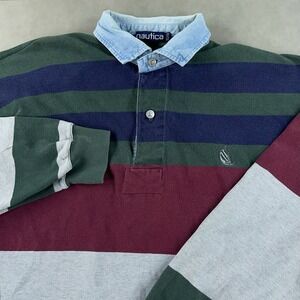 Vintage Nautica Polo Shirt Mens XL Blue Green Gray Rugby Striped Heavyweight 90s